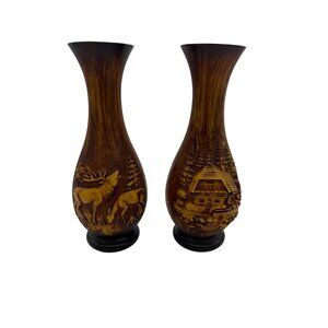 Pair Faux Bois Resin / Plastic Vases Cabin & Deer Scene Rustic Lodge Decor